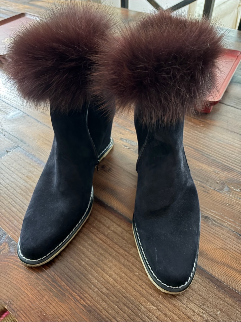 Arche Black Suede Ankle Boots with Chestnut Fur Cuff